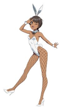 animal_ear_hairband animal_ears black_hair black_ribbon breasts brown_eyes dark-skinned_female dark_skin detached_collar fake_animal_ears fishnet_pantyhose fishnets hairband high_heels highres leotard neck_ribbon one_eye_closed original pantyhose pimm_(chiramegd) playboy_bunny pump rabbit_ears rabbit_tail ribbon salute shoes short_hair simple_background small_breasts standing standing_on_one_leg stiletto_heels strapless strapless_leotard tail v v_over_eye vulcan_salute white_background white_leotard white_shoes wrist_cuffs