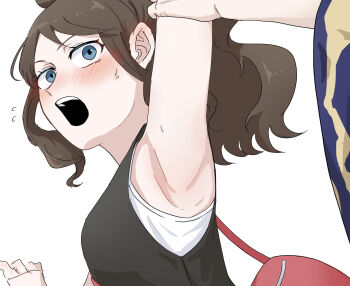 1boy 1girl arm_out_of_frame arm_up armpits bag behind_another black_vest blue_eyes blue_robe brown_hair commentary_request embarrassed ghetsis_(pokemon) grabbing_another's_arm hand_on_another's_arm highres hilda_(pokemon) inuka_48 long_sidelocks looking_back nintendo open_mouth pokemon pokemon_black_and_white ponytail red_bag robe sexual_harassment sidelocks surprised tank_top upper_body vest white_background white_tank_top