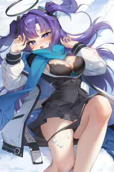 Rule 34 | 1girl, black bra, black halo, black panties, black skirt, black suit, blue archive, blue necktie, blue scarf, blush, bra, breasts, breasts out, cleavage, commentary, day, dutch angle, embarrassed, eyelashes, feet out of frame, formal clothes, fringe trim, furrowed brow, hair between eyes, hair intakes, hair ornament, hair spread out, half-closed eyes, halo, hands up, highres, icarus9854, jacket, knee up, lace, lace-trimmed bra, lace trim, large breasts, long hair, long scarf, long sleeves, looking at viewer, lying, mechanical halo, miniskirt, necktie, nose blush, on back, open clothes, open jacket, open mouth, outdoors, panties, panty pull, pleated skirt, purple eyes, purple hair, scarf, school uniform, skindentation, skirt, snow, snow on body, snow on face, solo, suit, thighs, triangle hair ornament, tsurime, two side up, underwear, untranslatable commentary, upskirt, very long hair, white jacket, winter, winter clothes, yuuka (blue archive)