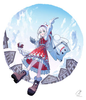 1girl :d absurdres arm_up blue_sky blunt_bangs boots border bow braid brown_boots cloud commentary_request day dress frilled_dress frills full_body fur-trimmed_boots fur-trimmed_headwear fur-trimmed_sleeves fur_trim gloves green_eyes hair_bow hat highres long_hair long_sleeves looking_at_viewer mikisai open_mouth original outdoors outside_border pinafore_dress red_bow red_dress red_hat round_border sack santa_costume santa_hat shirt signature single_braid sky sleeveless sleeveless_dress smile solo standing white_border white_gloves white_hair white_shirt