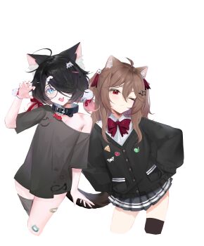 2girls absurdres ahoge animal_collar animal_ears badge bandaid bandaid_on_leg black_cardigan black_collar black_hair black_shirt black_skirt black_thighhighs blue_eyes bow bowtie broken_heart broken_heart_hair_ornament brown_hair button_badge cardigan cat_ears cat_girl cat_tail claw_pose closed_mouth collar commentary cropped_legs dress_shirt english_commentary evil_neuro-sama fang from_side grey_thighhighs hair_between_eyes hair_ornament hair_over_one_eye hairclip heart highres indie_virtual_youtuber long_hair long_sleeves minikomew muciduci5 multiple_girls neuro-sama off-shoulder_cardigan one_eye_closed open_mouth pleated_skirt red_bow red_bowtie red_eyes red_ribbon ribbon round_eyewear shirt simple_background skin_fang skirt sleeves_past_fingers sleeves_past_wrists tail thighhighs two_side_up vedal_ai virtual_youtuber white_background white_shirt