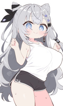 1girl alternate_breast_size_(larger) alternate_costume bare_arms bare_shoulders black_shorts blue_eyes blush breasts closed_mouth commentary_request cowboy_shot dolphin_shorts grey_hair hands_up highres hololive hololive_indonesia huge_breasts kani_bonara long_hair looking_at_viewer short_shorts shorts simple_background smile solo sweat tank_top tareme very_long_hair vestia_zeta virtual_youtuber white_background white_tank_top