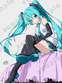 >:) 1girl adjusting_clothes adjusting_legwear aqua_eyes aqua_hair aqua_panties bare_shoulders black_boots black_gloves black_skirt blush boots breasts cameltoe closed_mouth collared_shirt commentary_request commission dutch_angle elbow_gloves eyebrows_hidden_by_hair floating_hair from_below full_body gloves grey_background hair_between_eyes hatsune_miku highres long_hair looking_at_viewer medium_breasts miniskirt on_bed oshinobi_shinobu panties pleated_skirt sample_watermark shirt shoe_soles sidelocks signature simple_background sitting skeb_commission skirt sleeveless sleeveless_shirt smile solo striped_clothes striped_panties thigh_boots thighs twintails underwear v-shaped_eyebrows very_long_hair vocaloid watermark white_shirt