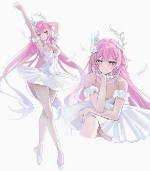 1girl alternate_costume arm_up armpits ballerina ballet_slippers breasts commentary cyrene_(honkai:_star_rail) cyrene_(ripples_of_past_reverie)_(honkai:_star_rail) diamond-shaped_pupils diamond_(shape) en_pointe flower hair_flower hair_ornament highres honkai:_star_rail honkai_(series) long_hair looking_at_viewer medium_breasts multiple_views pink_hair pointy_ears purple_eyes simple_background symbol-shaped_pupils thighs tutu very_long_hair white_background zije