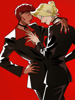 2girls blonde_hair blue_eyes breasts brown_hair earrings female_focus formal_clothes jewelry long_hair long_sleeves mature_(kof) medium_breasts multiple_girls pale_skin plasticcero99 red_eyes short_hair suit tan the_king_of_fighters vice_(kof)