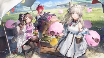 Rule 34 | 3girls, ahoge, animal ears, ardelia (arknights), arknights, arknights: endfield, bird ears, bird girl, black gloves, blue eyes, brown hair, cup, day, demon horns, disposable cup, eyjafjalla (arknights), flower pot, food, gloves, grass, grey hair, highres, holding, holding cup, holding flower pot, holding food, holding kettle, holding popsicle, horns, hug (yourhug), kettle, laevatain (arknights), little black sheep (arknights), looking at viewer, multiple girls, official art, outdoors, perlica (arknights), plant, popsicle, purple eyes, red eyes, red hair, second-party source, sheep ears, sheep girl, shoes, side ponytail, surtr (arknights), white shoes