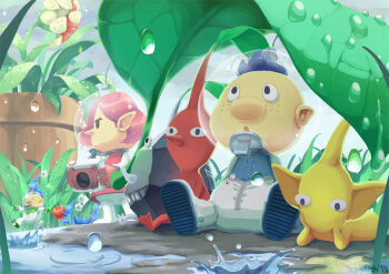 Rule 34 | 1girl, 2boys, :o, alph (pikmin), artist name, badge, big nose, black eyes, black skin, blue hair, blue pikmin, blue skin, brittany (pikmin), brown hair, burgeoning spiderwort, charlie (pikmin), cherry, cloud, cloudy sky, colored skin, dew drop, eyelashes, flower, following, food, freckles, fruit, gauge, gloves, grass, green gloves, hands on own head, helmet, holding, holding food, holding fruit, holding leaf, holding tablet pc, kamifish, koppad, leaf, lying, mini person, miniboy, minigirl, miniskirt, mohawk, multiple boys, nintendo, no eyewear, no mouth, on stomach, open mouth, outdoors, pikmin (series), pikmin 3, pink gloves, pink hair, pink skirt, plant, pointing, pointing forward, pointy ears, pointy nose, potted plant, puddle, radio antenna, rain, red pikmin, red skin, rock, rock pikmin, short hair, sitting, sitting on head, sitting on person, skirt, sky, solid eyes, space helmet, spacesuit, star (symbol), tablet pc, tan, triangle mouth, tripping, very short hair, water drop, wet, whistle, white flower, yellow pikmin, yellow skin