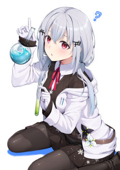 1girl ? black_boots black_pantyhose boots coat collared_shirt curious gloves grey_hair hakase_fuyuki hakase_fuyuki_(1st_costume) highres holding holding_test_tube knee_boots kneeling long_hair long_sleeves neck_ribbon nijisanji open_clothes open_coat open_mouth pantyhose parted_lips potion red_eyes ribbon shirt silver_hair simple_background sitting solo test_tube virtual_youtuber wariza white_background white_coat white_gloves yuuri_nayuta