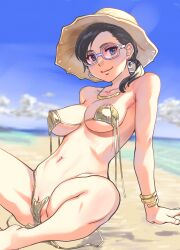 Rule 34 | 1girl, ass, bare shoulders, beach, bikini, black hair, blue sky, blush, bracelet, breasts, cloud, covered erect nipples, earrings, hat, highres, jewelry, long hair, looking at viewer, navel, necklace, original, outdoors, ponytail, pussy, pussy peek, shiwasu no okina, sitting, sky, smile, solo, spread legs, sunglasses, swimsuit, yellow bikini