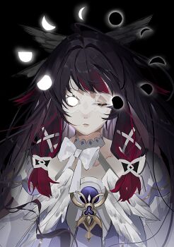 1girl black_background black_hair bow columbina_(genshin_impact) dress feathered_wings genshin_impact glowing glowing_eye head_wings highres long_hair mofu163 moon moon_phases multicolored_hair one_eye_closed pink_hair sidelocks solo two-tone_hair upper_body white_bow white_eyes white_wings wings