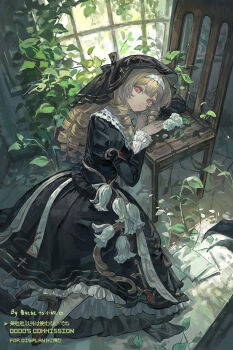 Rule 34 | 1girl, absurdres, artist name, black dress, black veil, blonde hair, chair, closed mouth, commission, day, dress, eyelashes, flower, frills, full body, hair between eyes, hairband, head rest, high heels, highres, huang du du, indoors, long hair, long sleeves, looking at viewer, original, plant, red eyes, ringlets, sidelocks, sitting, solo, sunlight, veil, vines, watermark, white flower, white hairband