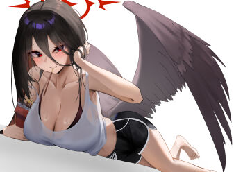 1girl absurdres barefoot black_bra black_shorts black_wings blue_archive bra bra_peek breasts camisole cleavage commentary_request dolphin_shorts feet food halo hasumi_(blue_archive) highres large_breasts looking_at_viewer lying on_stomach pocky pocky_kiss red_eyes red_halo shared_food shorts simple_background solo toes underwear white_background white_camisole wings yuki_(yuki_yu_owo)
