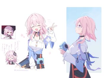 2girls black_choker black_flower black_overskirt blue_eyes blue_jacket blue_skirt bra_strap breasts buttons camera choker closed_eyes collarbone commentary earrings evernight_(honkai:_star_rail) flower flower_ornament from_side gradient_clothes gradient_jacket hair_flower hair_ornament hairclip hand_up highres holding holding_camera honkai:_star_rail honkai_(series) jacket jewelry long_sleeves march_7th_(honkai:_star_rail) march_7th_(preservation)_(honkai:_star_rail) medium_breasts medium_hair miniskirt multicolored_eyes multiple_girls multiple_views off-shoulder_jacket off_shoulder official_alternate_design official_alternate_eye_color official_alternate_hair_length official_alternate_hairstyle open_mouth overskirt parallel_hairclips pink_hair pink_jacket pleated_skirt shirt single_earring skirt smile symbol-only_commentary tied_jacket translation_request twitter_username two-tone_eyes underbust uwasewau v white_shirt