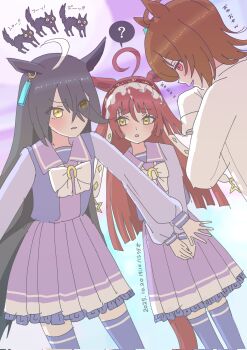 3girls ? agnes_tachyon_(tach-nology)_(umamusume) agnes_tachyon_(umamusume) ahoge animal_ears black_hair blunt_bangs blunt_ends blunt_sidelocks blush bow bowtie brown_hair brown_headdress cat coat ear_tag earrings hair_between_eyes hairband hashikurao highres horse_ears horse_girl horse_tail jewelry lab_coat long_bangs long_hair long_hair_between_eyes long_sleeves manhattan_cafe_(umamusume) medium_hair multicolored_hair multiple_girls open_mouth parted_lips purple_sailor_collar purple_serafuku purple_shirt purple_skirt purple_thighhighs red_desire_(umamusume) red_eyes red_hair red_hairband red_headdress sailor_collar sailor_shirt school_uniform serafuku shirt sidelocks single_earring skirt sleeves_past_fingers sleeves_past_wrists smile speech_bubble tail thighhighs tracen_school_uniform umamusume very_long_hair white_bow white_bowtie white_coat white_hair yellow_eyes