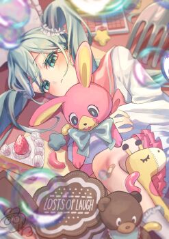 114_usamaro 1girl absurdres aqua_eyes aqua_hair blush cake cake_slice closed_mouth feet_out_of_frame food fork fruit hair_between_eyes hair_ornament hair_scrunchie hatsune_miku highres holding hug hugging_object long_sleeves lying on_side school_uniform scrunchie socks solo strawberry stuffed_animal stuffed_toy twintails vocaloid white_socks