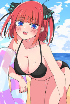 1girl absurdres bikini black_bikini blue_eyes breasts cleavage commentary go-toubun_no_hanayome highres innertube large_breasts leaning_forward medium_hair nakano_nino ocean open_mouth pink_hair solo swim_ring swimsuit teeth upper_teeth_only urishima