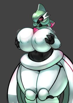 1girl breasts colored_skin cowboy_shot curvy gallade gen_4_pokemon genderswap gipehtyboo grabbing_own_breast green_hair grey_background half-closed_eyes highres huge_breasts iron_valiant motion_lines navel nintendo nipples pokemon red_eyes robot screen_face standing thick_thighs thighs white_skin wide_hips wide_sleeves