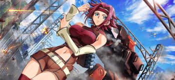 1girl artist_request bare_shoulders belt blue_eyes blue_sky breasts brown_jumpsuit closed_mouth clothing_cutout cloud code_geass code_geass:_lost_stories cowboy_shot day detached_sleeves dutch_angle explosion female_focus game_cg glasgow_(code_geass) glint hair_flaps hands_up headband highres holding_own_arm industrial jumpsuit kouzuki_kallen large_breasts legs_together light_trail long_sleeves looking_at_viewer mecha navel non-web_source official_art outdoors red_hair red_headband red_shirt red_thighhighs ribbed_shirt robot shirt short_hair short_jumpsuit sidelocks sky sleeveless_jumpsuit smoke solo standing stomach stomach_cutout thighhighs thighs undershirt v-shaped_eyebrows white_sleeves