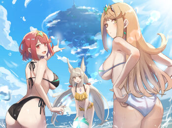 3girls absurdres adjusting_clothes adjusting_swimsuit amausa_subee animal_ear_fluff ass ball beachball bikini blue_sky blush bob_cut breasts cloud commentary english_commentary grey_hair halterneck highres in-universe_location large_breasts long_hair looking_at_viewer looking_back multiple_girls mythra_(xenoblade) nia_(xenoblade) pointing pyra_(xenoblade) red_eyes red_hair side-tie_bikini_bottom sky smile string_bikini swimsuit tiara tree very_long_hair wading wet xenoblade_chronicles_(series) xenoblade_chronicles_2