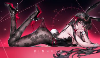 1girl absurdres alternate_costume animal_ear_hairband animal_ears artist_name ass bare_shoulders black_hair black_leotard black_pantyhose black_shoes breasts chisa_(wuthering_waves) cleavage closed_mouth commentary english_text fake_animal_ears fake_tail footwear_ribbon from_side gradient_background hair_ribbon hairband high_heels highres hooked_on_heel lace lace_pantyhose lace_pantyhose_hooked_on_heel_(meme) leotard long_hair looking_at_viewer medium_breasts meme pantyhose pink_background playboy_bunny rabbit_ear_hairband rabbit_ears rabbit_tail red_eyes red_ribbon ribbon ringeko-chan shoes solo strapless strapless_leotard tail variant_set very_long_hair wrist_cuffs wuthering_waves