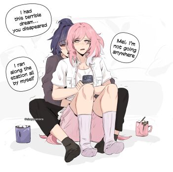 2girls absurdres black_pants black_socks blue_eyes cellphone commentary cup elysia_(honkai_impact) english_commentary english_text food grey_shirt highres holding holding_phone honkai_(series) honkai_impact_3rd hot_chocolate hug hug_from_behind layered_shirt long_sleeves marshmallow mug multiple_girls open_clothes open_mouth open_shirt pants phone pink_hair pink_shorts purple_eyes purple_hair raiden_mei shirt short_sleeves shorts sitting smartphone socks speech_bubble trembling twitter_username white_shirt white_socks yuri zanqi