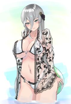 Rule 34 | absurdres, arms behind back, ball, beachball, bikini, blush, boaplant feeder, breasts, buckle, commentary request, green eyes, grey hair, hair between eyes, heart, heart-shaped buckle, highres, large breasts, long hair, looking at viewer, navel, official alternate costume, open clothes, open mouth, open shirt, partially submerged, see-through clothes, see-through shirt, senkou (senran kagura), senran kagura, senran kagura new link, shirt, sidelocks, smile, swimsuit, water, white bikini