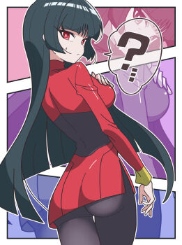 1girl ? ass black_hair black_pantyhose blunt_bangs breasts closed_mouth dress highres kanbei_(pixiv11037490) long_hair looking_at_viewer looking_back medium_breasts nintendo pantyhose pokemon pokemon_frlg red_dress red_eyes sabrina_(pokemon) short_dress solo sweatdrop very_long_hair