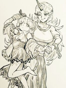 2girls :q arm_warmers barefoot blush chain closed_mouth commentary_request cuffs dancing dress holding_hands horns hoshiguma_yuugi interlocked_fingers leg_up long_hair menotama mizuhashi_parsee multiple_girls one_eye_closed oni open_clothes open_robe pointy_ears puffy_short_sleeves puffy_sleeves robe scarf shackles shirt short_sleeves single_horn skirt toes tongue tongue_out touhou very_long_hair yuri