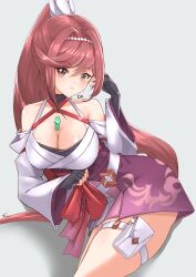 Rule 34 | 1girl, breasts, criss-cross halter, deekei, glimmer (xenoblade), hairband, halterneck, high ponytail, highres, japanese clothes, kimono, obi, pouch, red hair, sash, smile, swept bangs, thigh pouch, two-tone hairband, white kimono, xenoblade chronicles (series), xenoblade chronicles 3, xenoblade chronicles 3: future redeemed