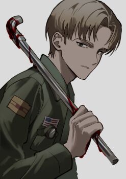 1boy american_flag blonde_hair blood blood_on_hands bloody_weapon green_jacket grey_background grey_eyes haejeo1008 highres holding holding_lead_pipe jacket james_sunderland lead_pipe looking_at_viewer male_focus over_shoulder parted_bangs parted_lips short_hair silent_hill_(series) silent_hill_2 solo upper_body weapon weapon_over_shoulder