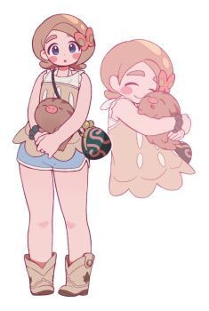 1girl bare_arms bare_legs blush_stickers coin_purse cropped_torso dolphin_shorts full_body gen_2_pokemon hug mahittah multiple_views nintendo pai_(world&#039;s_end_club) pokemon pokemon_(creature) shorts simple_background swinub white_background