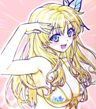 1girl bare_shoulders bikini blonde_hair blue_bikini blue_eyes blush boku_wa_tomodachi_ga_sukunai breasts butterfly_hair_ornament cleavage collarbone commentary_request floral_print floral_print_bikini front-tie_bikini_top front-tie_top hair_ornament halterneck hand_up highres kashiwazaki_sena large_breasts long_hair looking_at_viewer open_mouth print_bikini solo swimsuit upper_body watanabe_yoshihiro yellow_trim