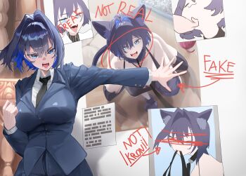 1girl absurdres animal_ears black_thighhighs blue_eyes blue_hair blue_suit breasts cat_ears circle commentary daaku_(koizumi_arata) english_commentary formal_clothes hair_intakes highres hololive hololive_english jacket large_breasts marker necktie ouro_kronii pants photo_(object) suit suit_jacket thighhighs virtual_youtuber whiteboard