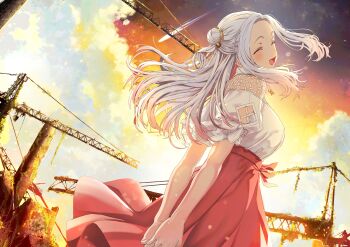 1girl absurdres arms_behind_back blouse blush breasts closed_eyes cloud cloudy_sky commentary_request facing_viewer floating_hair from_behind from_below gradient_hair grey_hair hair_bun hakuchuumu_no_aojashin highres long_hair momonouchi_sumomo multicolored_hair official_art open_mouth outdoors parted_hair pink_hair pink_skirt second-party_source shimofuri shirt short_sleeves sidelocks single_side_bun skirt sky smile solo standing white_shirt