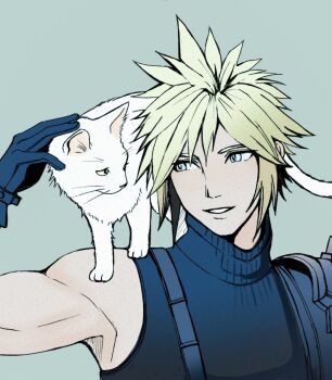 1boy animal animal_on_shoulder armor black_gloves blonde_hair cat cloud_strife commentary_request final_fantasy final_fantasy_vii final_fantasy_vii_rebirth final_fantasy_vii_remake gloves ha_lu77 looking_at_another male_focus maru_(ff7) parted_lips ribbed_sweater short_hair shoulder_armor single_bare_shoulder sleeveless sleeveless_turtleneck smile solo spiked_hair suspenders sweater turtleneck turtleneck_sweater upper_body white_cat