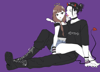 1boy 1girl :p alternate_costume angel_wings barefoot black_boots black_choker black_hair black_pants black_shirt boots brown_eyes brown_hair candy choker demon_boy demon_horns demon_tail denim denim_shorts fake_halo food halo hetero highres holding holding_candy holding_food horns iino_miko ishigami_yuu kaguya-sama_wa_kokurasetai_~tensai-tachi_no_renai_zunousen~ long_hair low_twintails nana_(7kah) on_lap pants purple_background shirt short_hair shorts simple_background sitting tail tongue tongue_out twintails wings