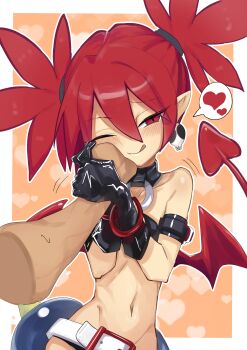1girl :q absurdres belt black_gloves border closed_mouth demon_girl demon_tail demon_wings disembodied_hand disgaea earrings etna_(disgaea) fang gloves hair_between_eyes hand_on_another's_cheek hand_on_another's_face heart highres jank365m jewelry loli navel one_eye_closed orange_background outside_border pointy_ears red_eyes red_hair red_tail red_wings skull_earrings solo_focus speech_bubble spoken_heart tail tongue tongue_out twintails variant_set white_belt white_border wings