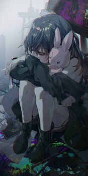 1boy 1girl absurdres black_footwear black_hair cigarette highres ibex long_hair long_sleeves notebook scar sitting slow_damage solo stuffed_animal stuffed_rabbit stuffed_toy towa_(slow_damage)