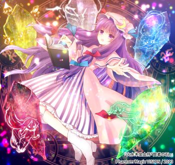 1girl blue_ribbon book boots capelet crescent crescent_hat_ornament crystal dark_background dress floating floating_book floating_object hat hat_ornament highres long_hair magic open_mouth outstretched_hand patchouli_knowledge philosopher&#039;s_stone pink_capelet pink_hat purple_dress purple_eyes red_ribbon ribbon solo striped_clothes striped_dress torii_sumi touhou very_long_hair white_boots