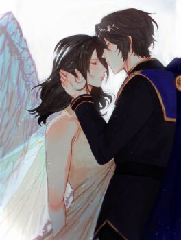Rule 34 | 1boy, 1girl, bare shoulders, black hair, black jacket, brown hair, closed eyes, closed mouth, couple, cowboy shot, dress, feathered wings, final fantasy, final fantasy viii, from side, gradient background, hand on another's head, hetero, highres, jacket, long hair, long sleeves, official alternate costume, profile, rinoa heartilly, short hair, sleeveless, sleeveless dress, squall leonhart, white wings, wings, yoobie