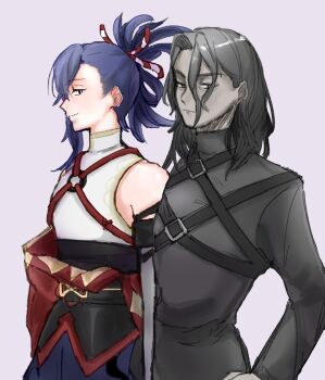 2boys black_hair blue_hair dark-skinned_male dark_skin fire_emblem fire_emblem_engage folded_ponytail japanese_clothes kagetsu_(fire_emblem) looking_at_another machi_yu male_focus multiple_boys nintendo zelkov_(fire_emblem)