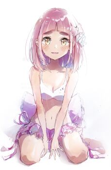 1girl absurdres anzu_(v0_0v_o0) arched_bangs bare_shoulders bikini bikini_skirt blush bow breasts brown_eyes collarbone hair_bow hair_ornament highres lacey_(pokemon) looking_at_viewer nintendo open_mouth pink_hair pokemon pokemon_sv simple_background sitting smile solo swimsuit white_background white_bikini yellow_eyes yokozuwari