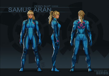 1girl ass blonde_hair blue_bodysuit blue_eyes bodysuit breasts commentary english_commentary from_behind from_side full_body max_kay medium_breasts metroid multiple_views nintendo ponytail samus_aran standing turnaround zero_suit