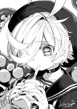 1boy absurdres beret choker drinking greyscale hat highres horizontal_pupils komota_(kanyou_shoujo) monochrome original school_uniform serafuku solo suction_cups tentacles upper_body