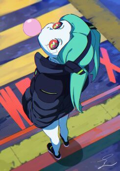 1girl artificial_eye blowing_bubble_gum blowing_bubbles blue_jacket chewing_gum colored_sclera colored_skin commentary crosswalk cyberpunk_(series) cyberpunk:_edgerunners english_commentary from_above green_eyes green_hair hands_in_pockets highres jacket long_hair looking_at_viewer looking_back looking_up mechanical_eye outdoors petite piko_han rebecca_(cyberpunk) red_pupils red_sclera samurai_jacket_(cyberpunk) sidewalk signature solo twintails white_skin