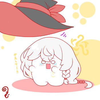 Rule 34 | 1girl, black hat, blue archive, blush, braid, chibi, chibi only, commentary request, crying, eri (blue archive), flailing, full body, grey hair, halo, hat, hat ribbon, highres, kurukurumagical, long hair, looking at viewer, o o, open mouth, red ribbon, ribbon, single braid, solo, sparkle, standing, tears, theft, translation request, unworn hat, unworn headwear, very long hair, white background, witch hat, yellow halo