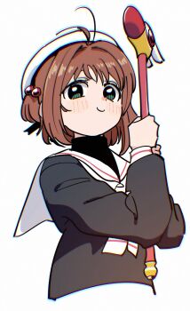 1girl black_shirt blush brown_hair cardcaptor_sakura child closed_mouth commentary_request fuuin_no_tsue green_eyes hat highres holding holding_staff kinomoto_sakura long_sleeves looking_at_viewer neckerchief sailor_collar school_uniform shirt short_hair smile solo staff tomoeda_elementary_school_uniform tonmoh upper_body white_background white_hat white_neckerchief white_sailor_collar
