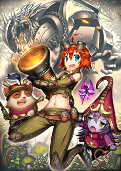 2girls akuko_(arc) animal blue_eyes colored_skin gia gradient_background green_eyes gun league_of_legends long_hair lulu_(league_of_legends) midriff multiple_girls nautilus_(league_of_legends) navel original pix_(league_of_legends) purple_hair purple_skin red_hair rengar short_hair teemo tristana_(league_of_legends) weapon