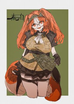 1girl arknights artist_name black_gloves black_skirt breasts commentary_request fangs fingerless_gloves glasses gloves green_background harukan_tiusu highres jacket large_breasts long_hair looking_at_viewer multicolored_hair open_mouth orange_eyes orange_hair pointy_ears reptile_girl round_eyewear skirt smile snake_girl snake_tail solo tail thick_tail thighhighs two-tone_background two-tone_hair visor_cap white_background white_hair white_thighhighs wulfenite_(arknights) zettai_ryouiki