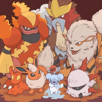 Rule 34 | animal focus, arcanine, bird, black eyes, blue eyes, commentary request, cubchoo, entei, flareon, fletchling, gen 1 pokemon, gen 2 pokemon, gen 4 pokemon, gen 5 pokemon, gen 6 pokemon, highres, larvesta, legendary pokemon, magmortar, nintendo, no humans, open mouth, orange fur, pokemon, pokemon (creature), red background, slugma, tongue, tongue out, tora (tsmc5353), white fur, yellow eyes
